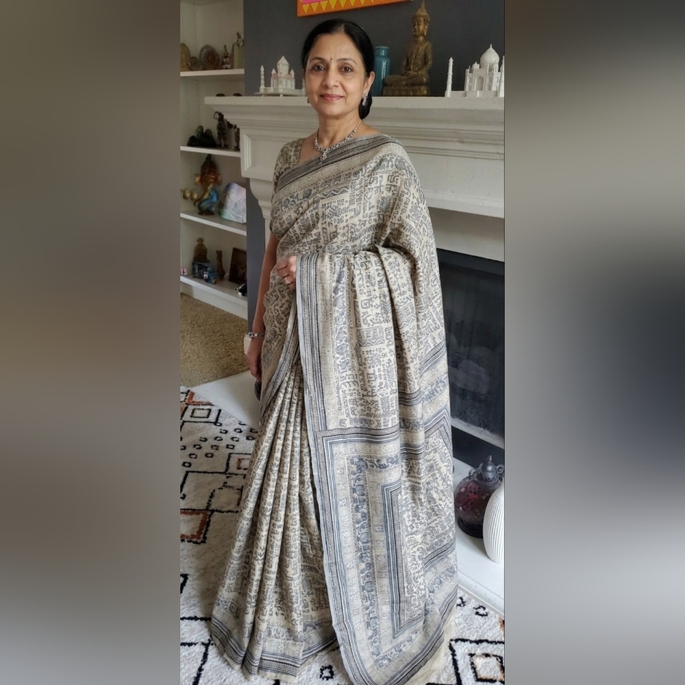 Women Designer Hand block printed premium quality tussar silk.